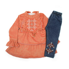 Girl Full Sleeves Denim Suit - Peach