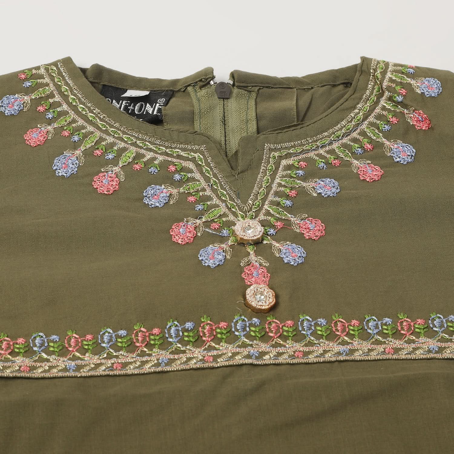 Girls Embroidered Shalwar Suit - Olive Green, Girls Shalwar Kameez, Chase Value, Chase Value
