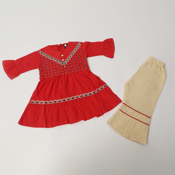 Girls Embroidered Shalwar Suit - Red