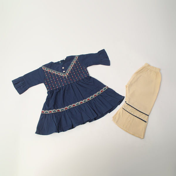 Girls Embroidered Shalwar Suit - Navy Blue