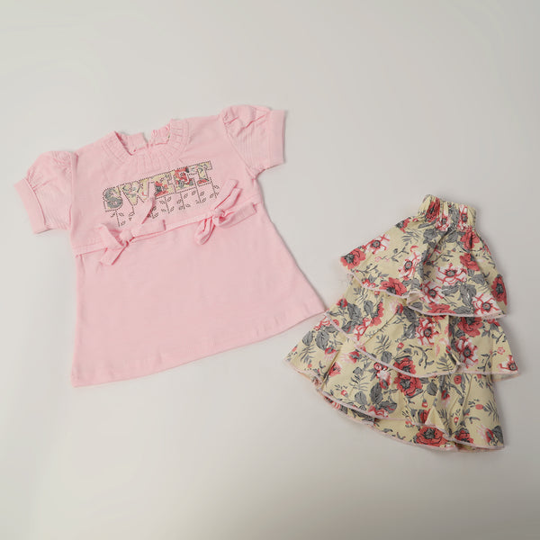 Girls Half Sleeves Skirt Suit - Pink
