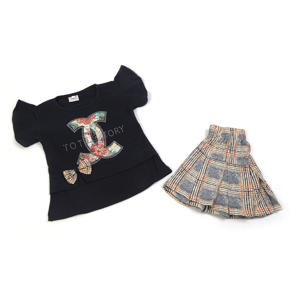 Girls Half Sleeves Skirt Suit - Navy Blue
