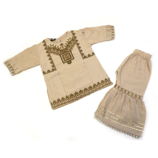 Girls Embrioded Shalwar Suit - Fawn