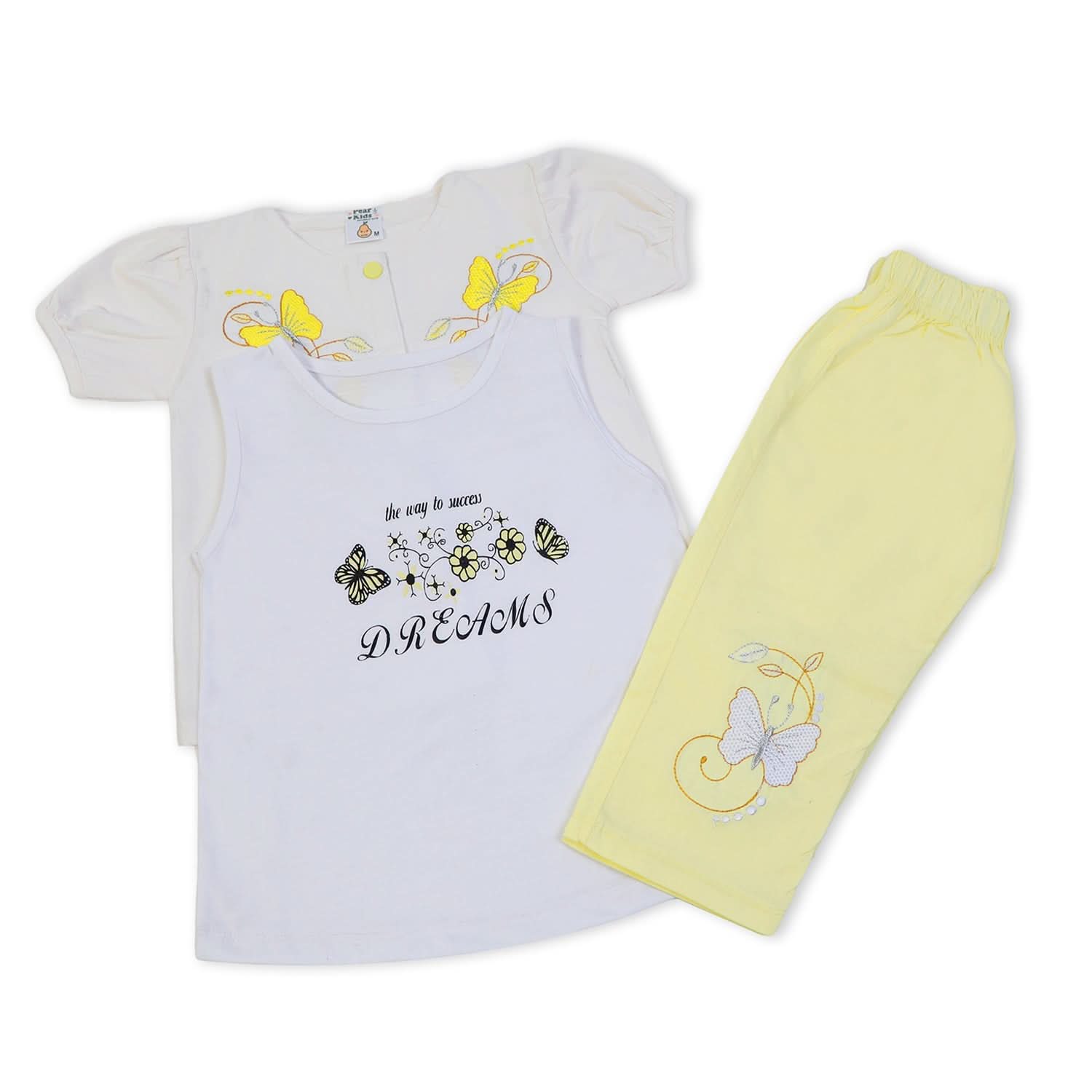 Girls Cotton Half Sleeves 3 Pcs Suit - Yellow, Girls Suits, Chase Value, Chase Value