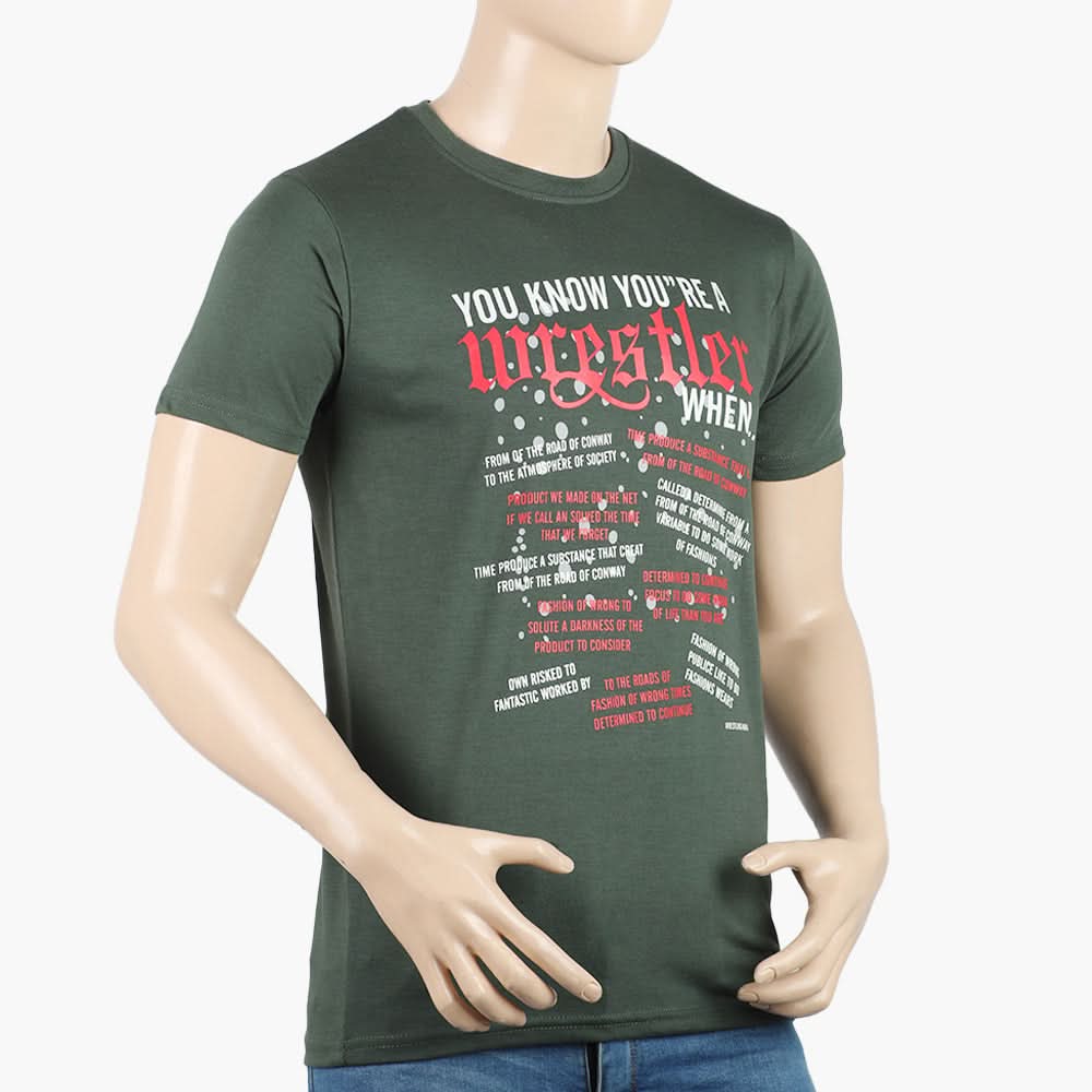 Men's Round Neck Half Sleeves Printed T-Shirt - Olive Green, Men's T-Shirts & Polos, Chase Value, Chase Value