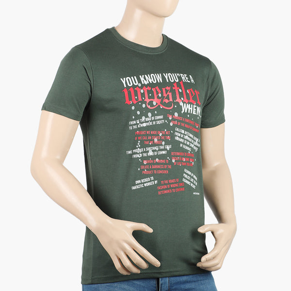 Men's Round Neck Half Sleeves Printed T-Shirt - Olive Green
