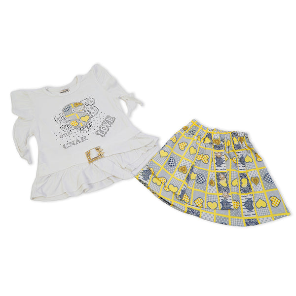 Girls Half Sleeves Skirt Suit - White
