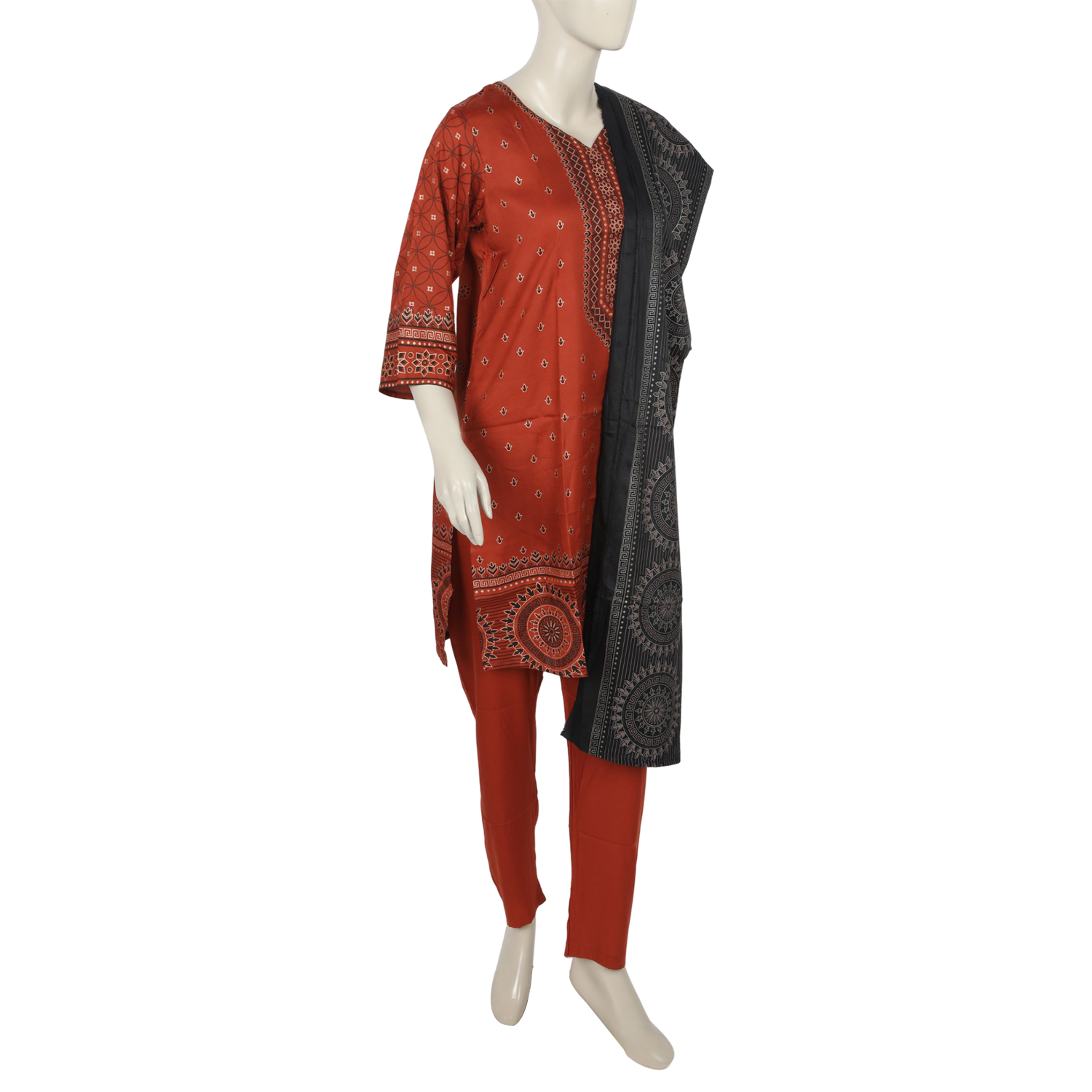 Women's 03pcs Stitched Suit - Rust, Women Shalwar Suits, Chase Value, Chase Value