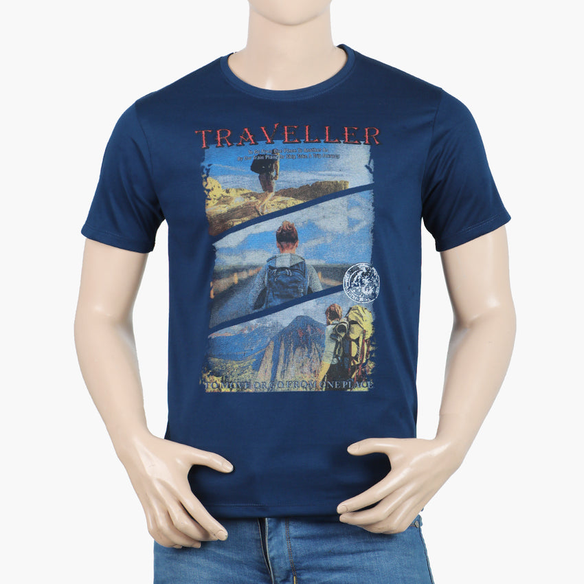 Men's Round Neck Half Sleeves Printed T-Shirt - Navy Blue