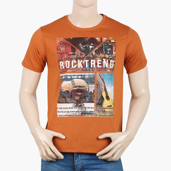 Men's Round Neck Half Sleeves Printed T-Shirt - Rust