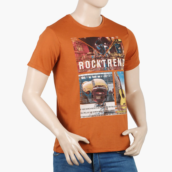 Men's Round Neck Half Sleeves Printed T-Shirt - Rust