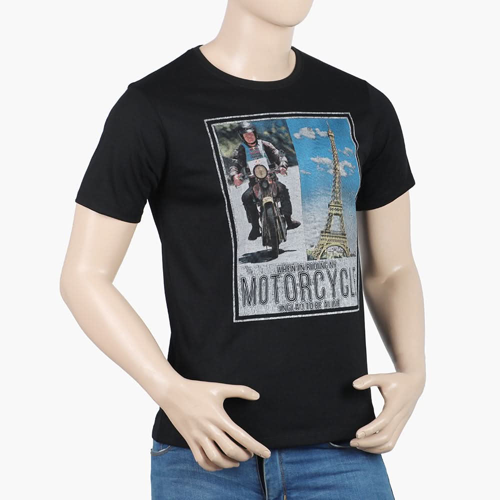 Men's Round Neck Half Sleeves Printed T-Shirt - Black, Men's T-Shirts & Polos, Chase Value, Chase Value