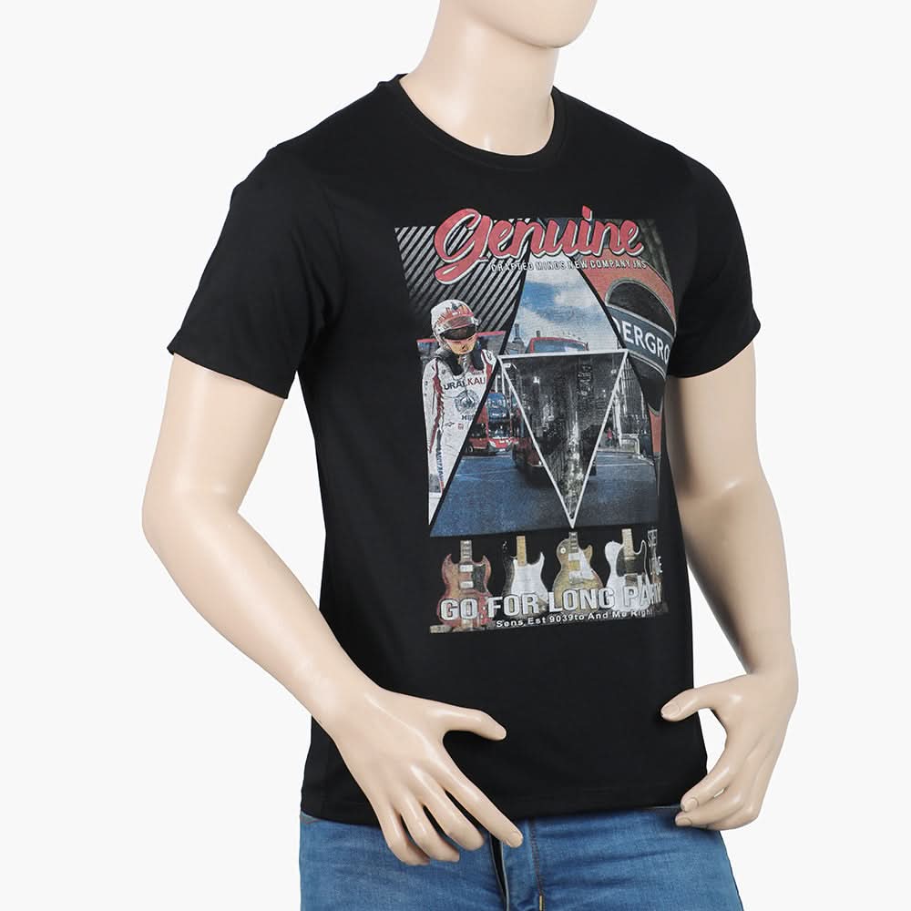 Men's Round Neck Half Sleeves Printed T-Shirt - Black, Men's T-Shirts & Polos, Chase Value, Chase Value