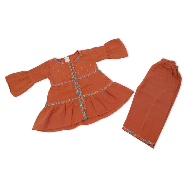 Girls Embroidered Shalwar Suit - Rust