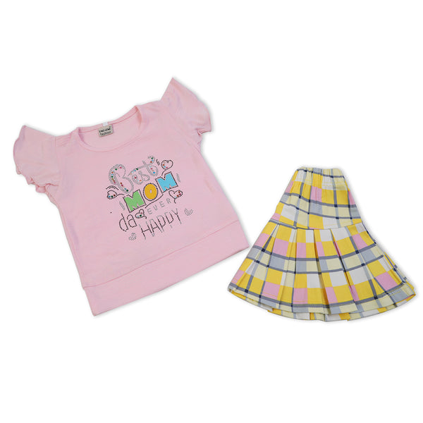 Girls Half Sleeves Skirt Suit - Pink