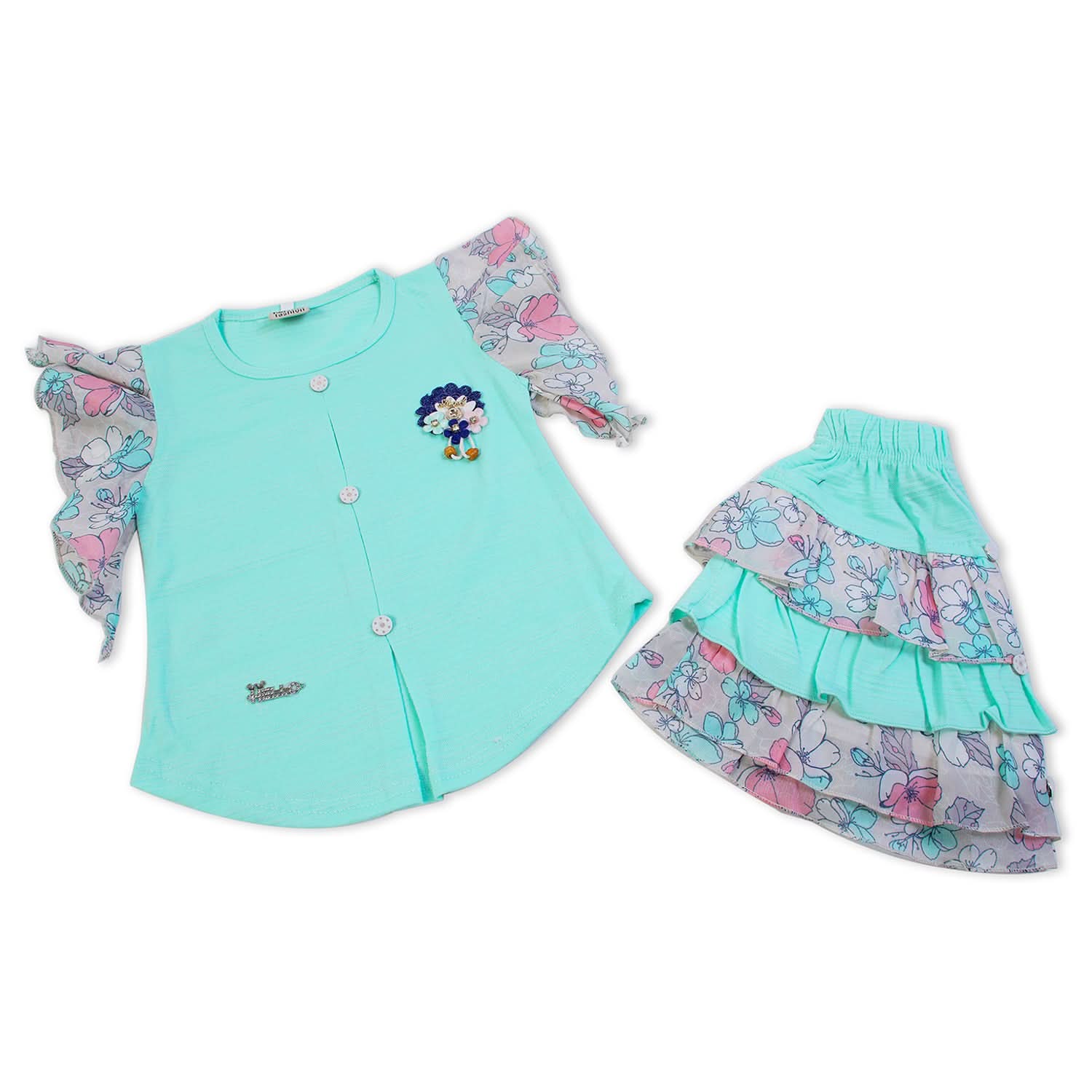 Girls Half Sleeves Skirt Suit - Cyan, Girls Suits, Chase Value, Chase Value