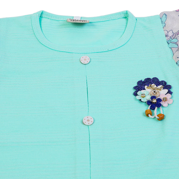 Girls Half Sleeves Skirt Suit - Cyan