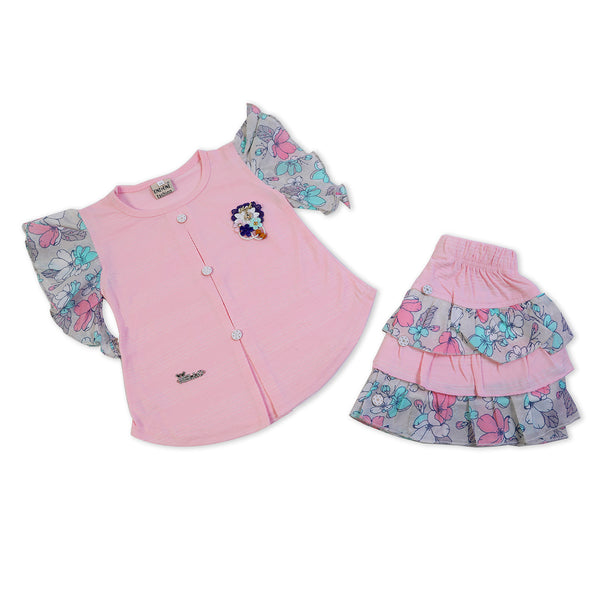Girls Half Sleeves Skirt Suit - Pink
