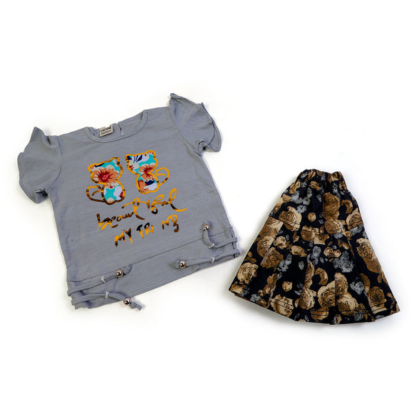 Girls Half Sleeves Skirt Suit - Grey