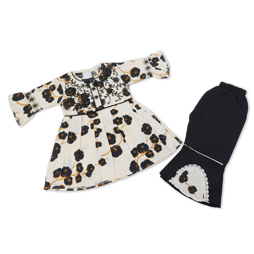 Girls Embroidered Shalwar Suit - Fawn & Black, Girls Shalwar Kameez, Chase Value, Chase Value