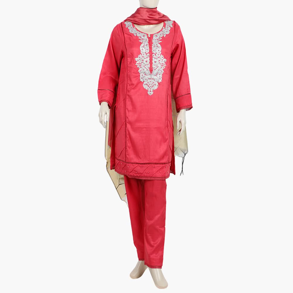 Women's Raw Silk With Embroidered 3Pcs Suit - Red, Women Shalwar Suits, Chase Value, Chase Value