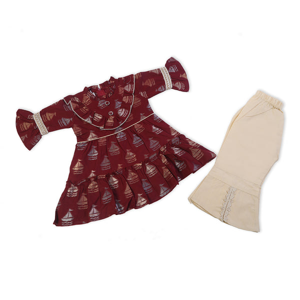 Girls Embrioded Shalwar Suit - Maroon