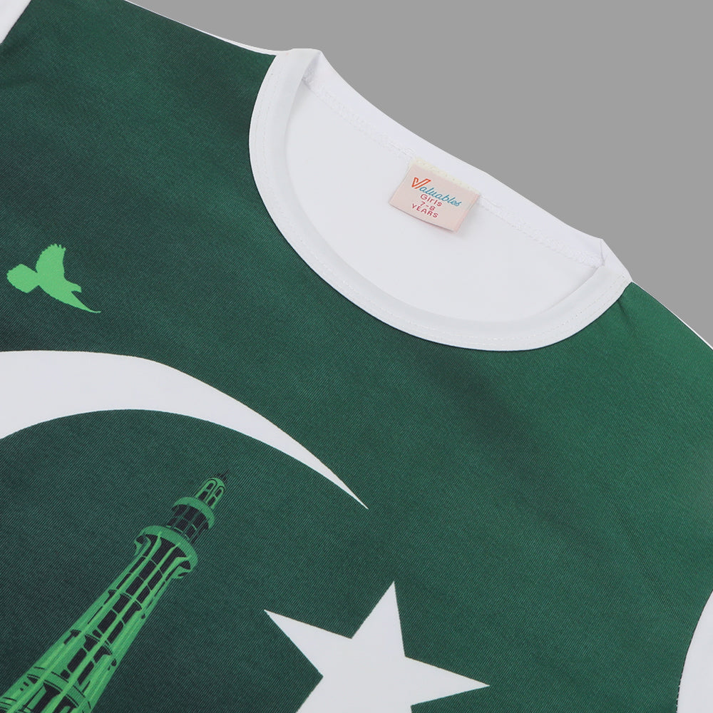 Valuable Girls Independence Day Half Sleeves T-Shirt - Green & White, Girls T-Shirts, Chase Value, Chase Value