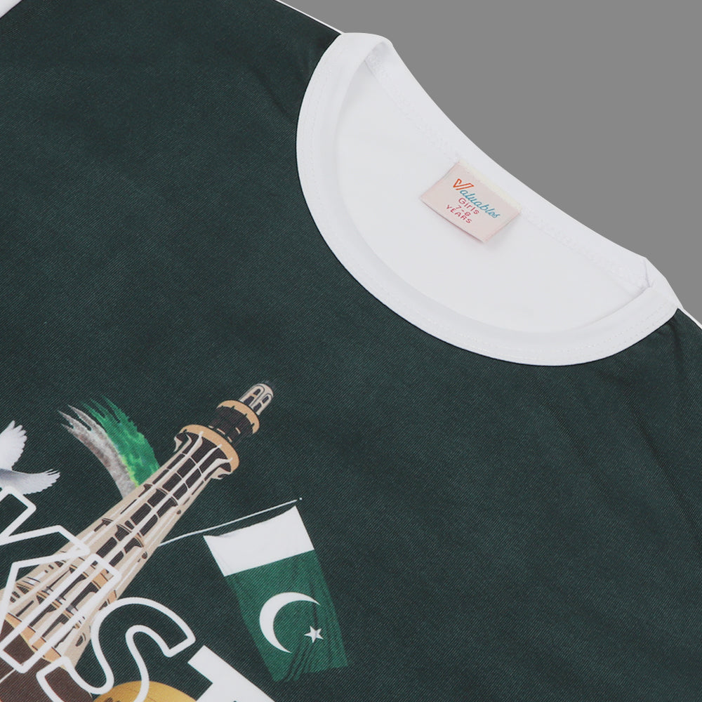 Valuable Girls Independence Day Half Sleeves T-Shirt - Green & White, Girls T-Shirts, Chase Value, Chase Value