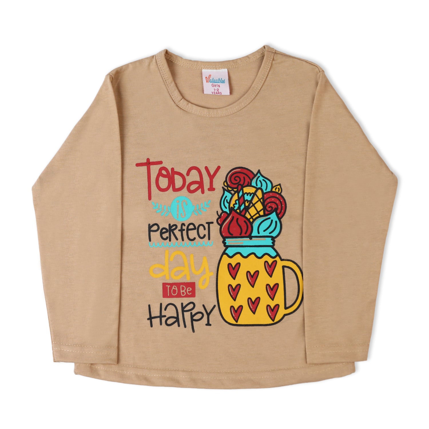 Girls Full Sleeves T-Shirt - Beige, Girls T-Shirts, Chase Value, Chase Value