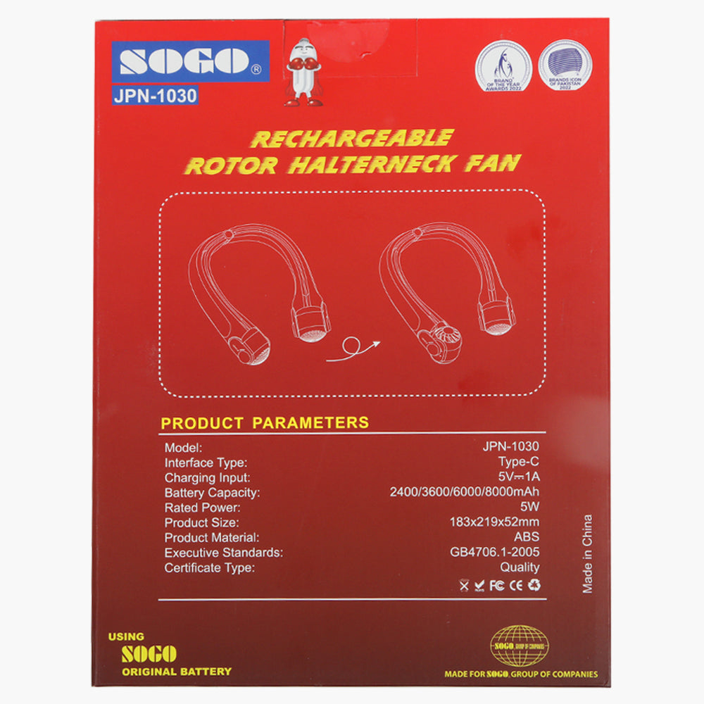 Sogo Rechargeable Portable Hanging Neck Fan, Rechargeable Fan, Sogo, Chase Value
