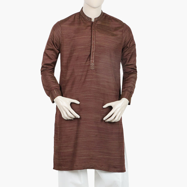 Men's Slim Fit Embroidered Kurta - Brown