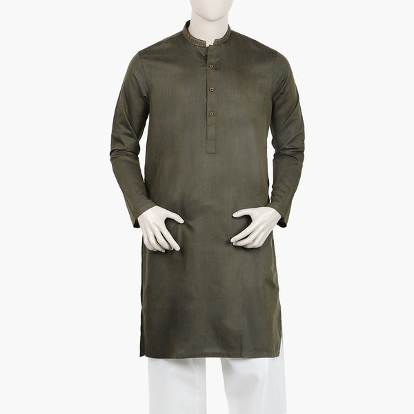 Men's Slim Fit Embroidered Kurta - Olive Green