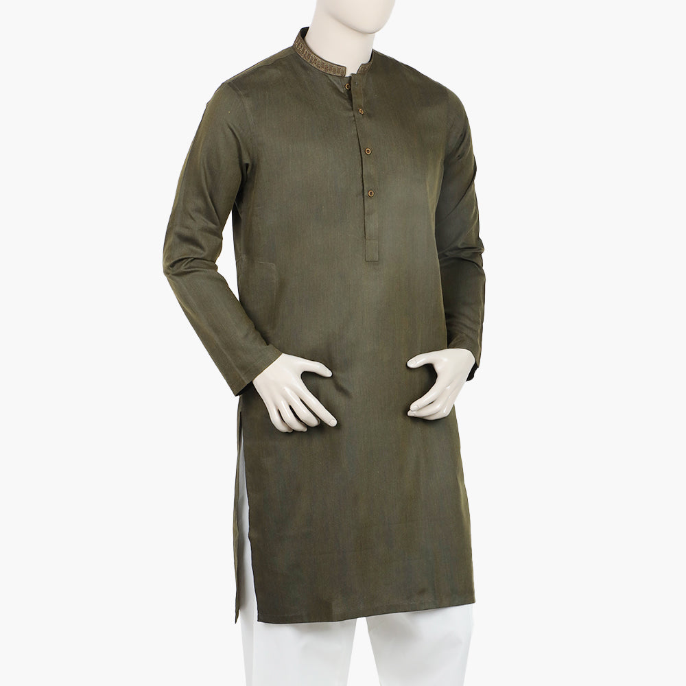 Men's Slim Fit Embroidered Kurta - Olive Green, Men's Kurtas, Chase Value, Chase Value
