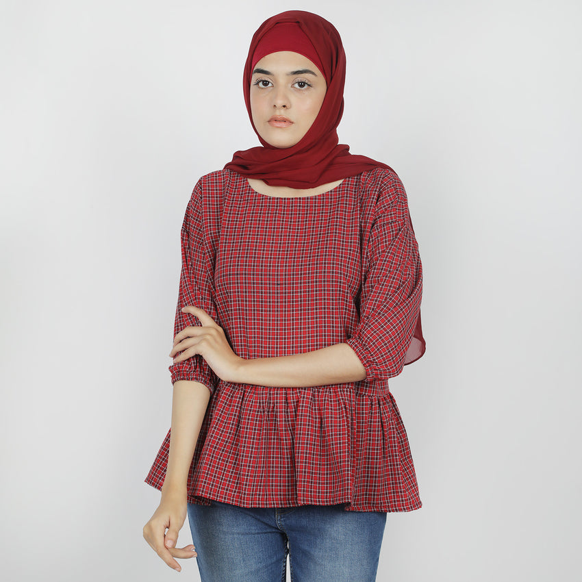 Women's Check Frill Top - Red