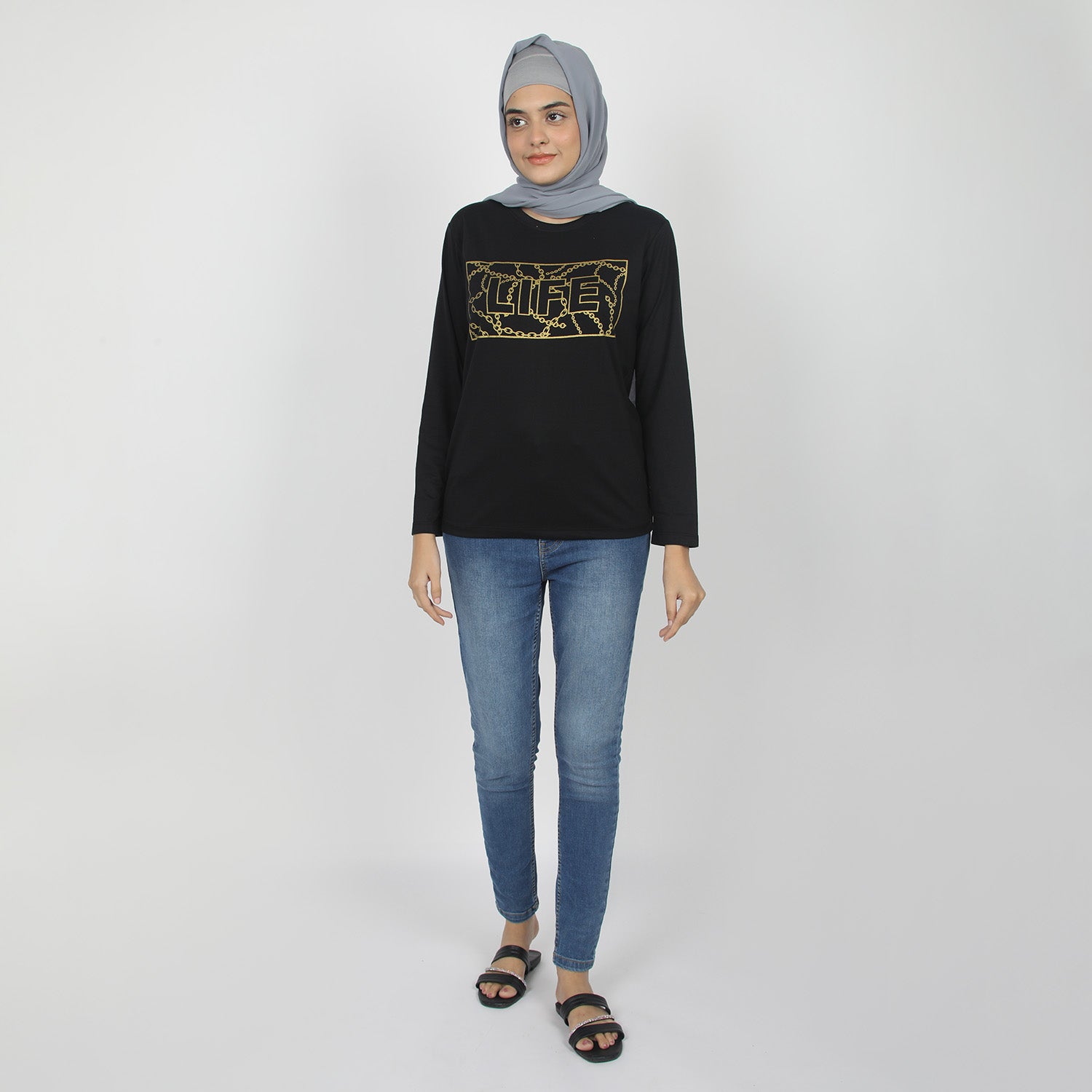 Women's Full Sleeves Printed T-Shirt - Black, Women T-Shirts & Tops, Chase Value, Chase Value