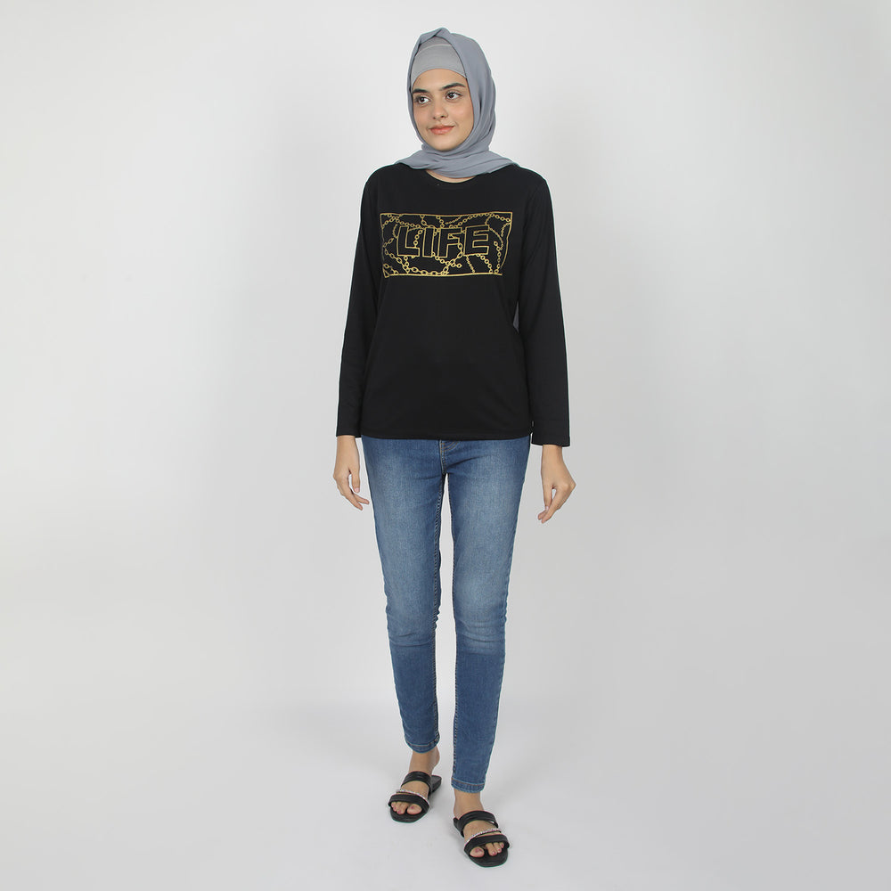Women's Full Sleeves Printed T-Shirt - Black, Women T-Shirts & Tops, Chase Value, Chase Value