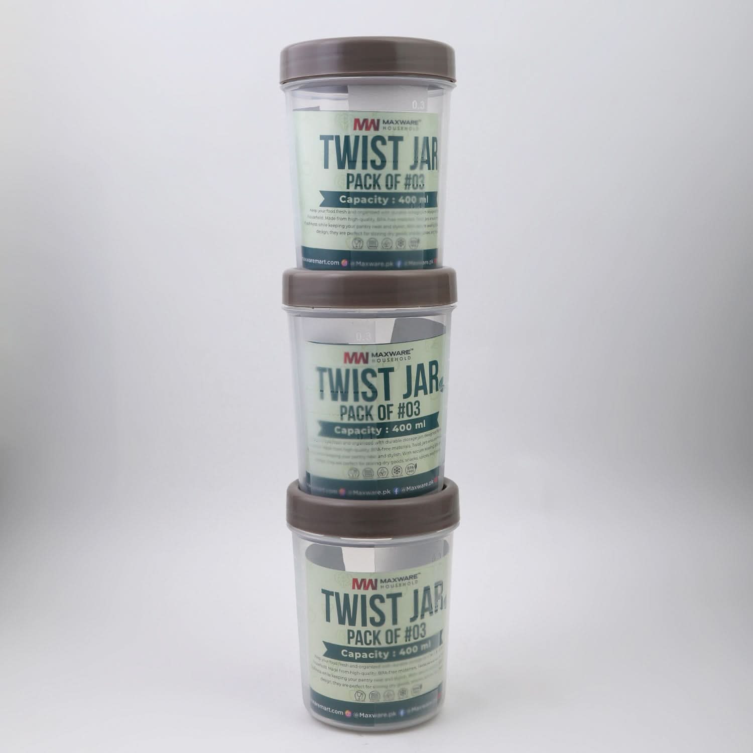 Max Ware Twist Jar Large 400ML Pack Of 3, Storage Boxes, Chase Value, Chase Value