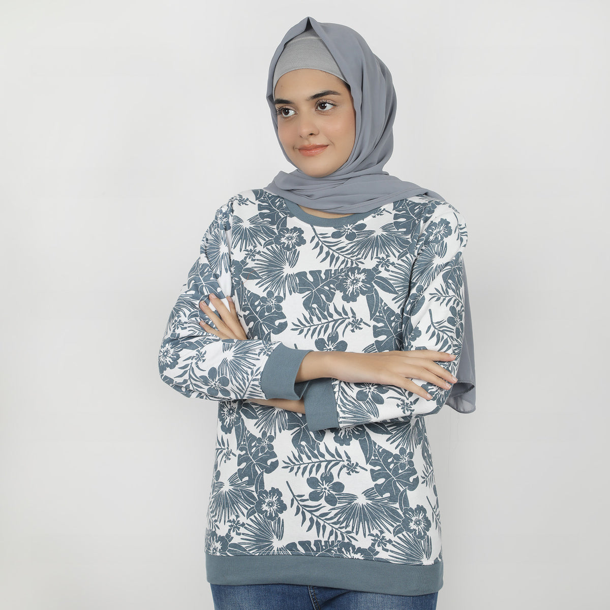 Women's Full Sleeves Sweat Shirt - White Blue, Women Sweatshirts & Hoodies, Chase Value, Chase Value