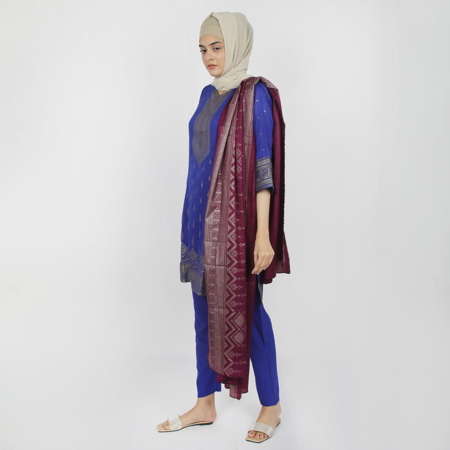 Women's Printed Stitched 03pcs Suit - Dark Blue, Women Shalwar Suits, Chase Value, Chase Value