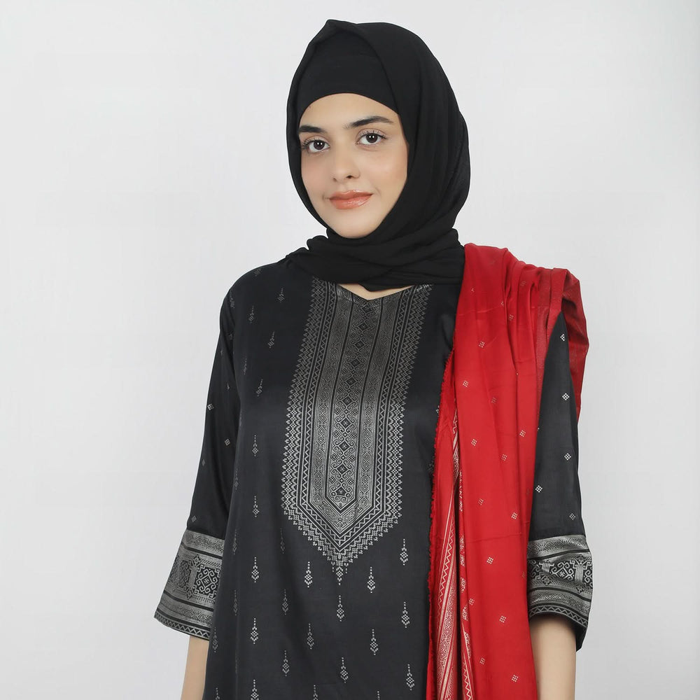 Women's Printed Stitched 03pcs Suit - Black, Women Shalwar Suits, Chase Value, Chase Value