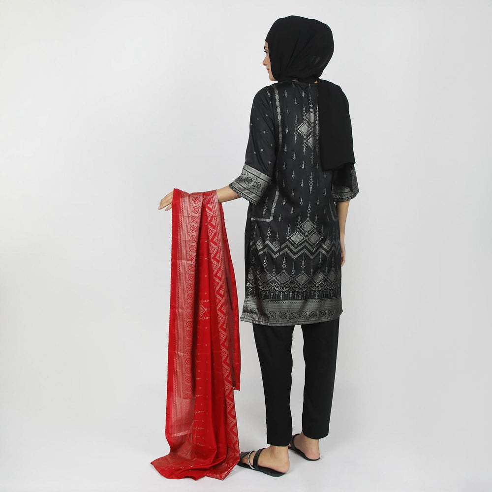 Women's Printed Stitched 03pcs Suit - Black, Women Shalwar Suits, Chase Value, Chase Value
