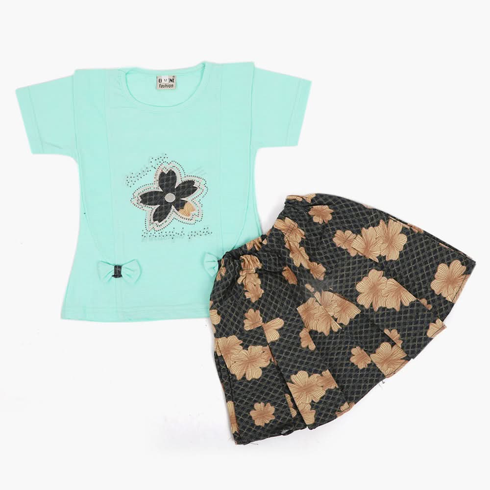 Girls Half Sleeves Skirt Suit - Cyan, Girls Suits, Chase Value, Chase Value
