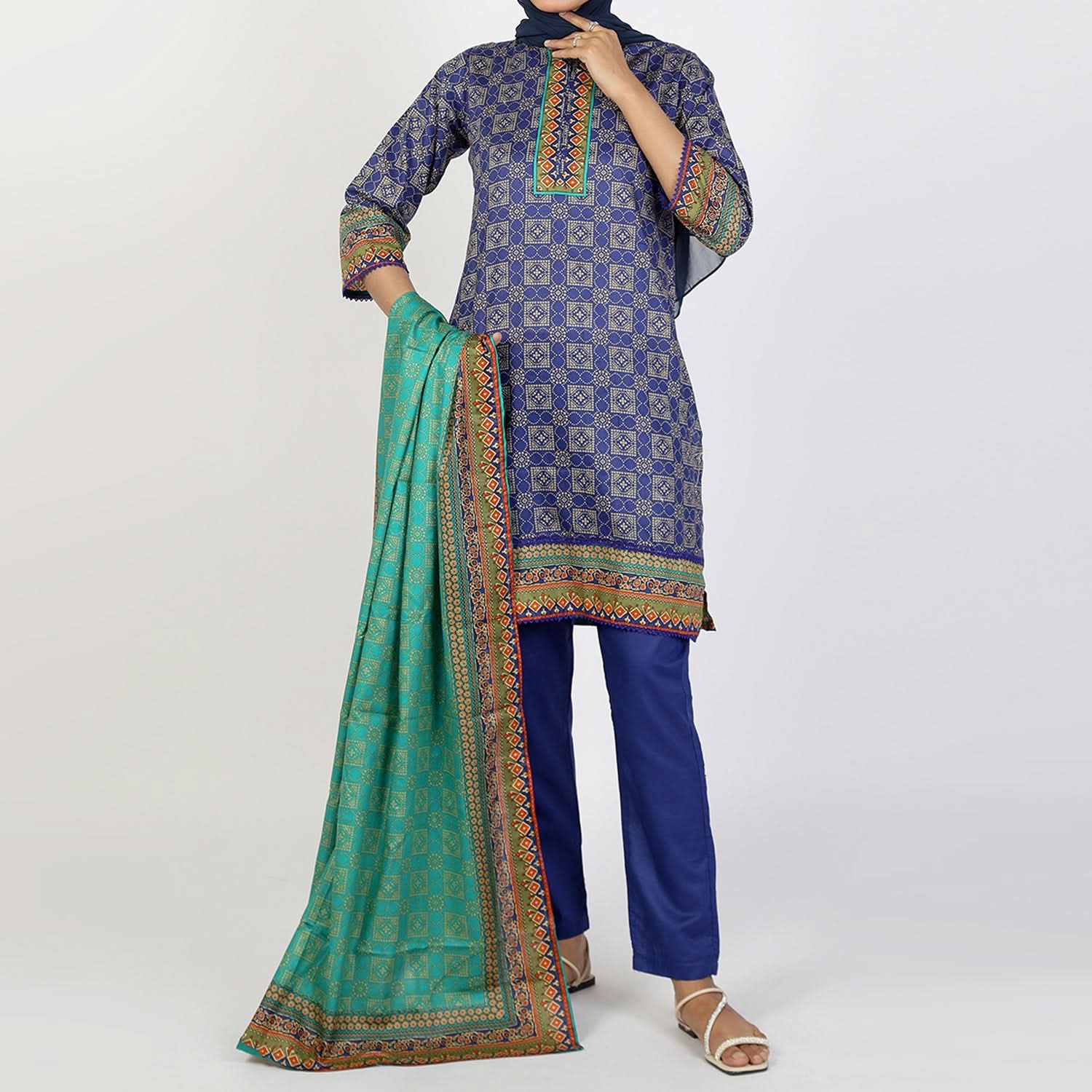 Women's Printed Stitched 3 PCS Suit - Blue, Women Shalwar Suits, Chase Value, Chase Value