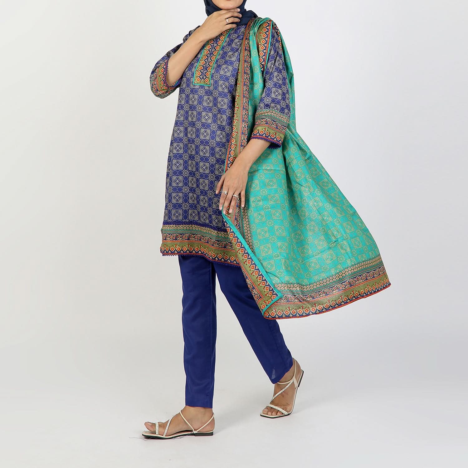 Women's Printed Stitched 3 PCS Suit - Blue, Women Shalwar Suits, Chase Value, Chase Value