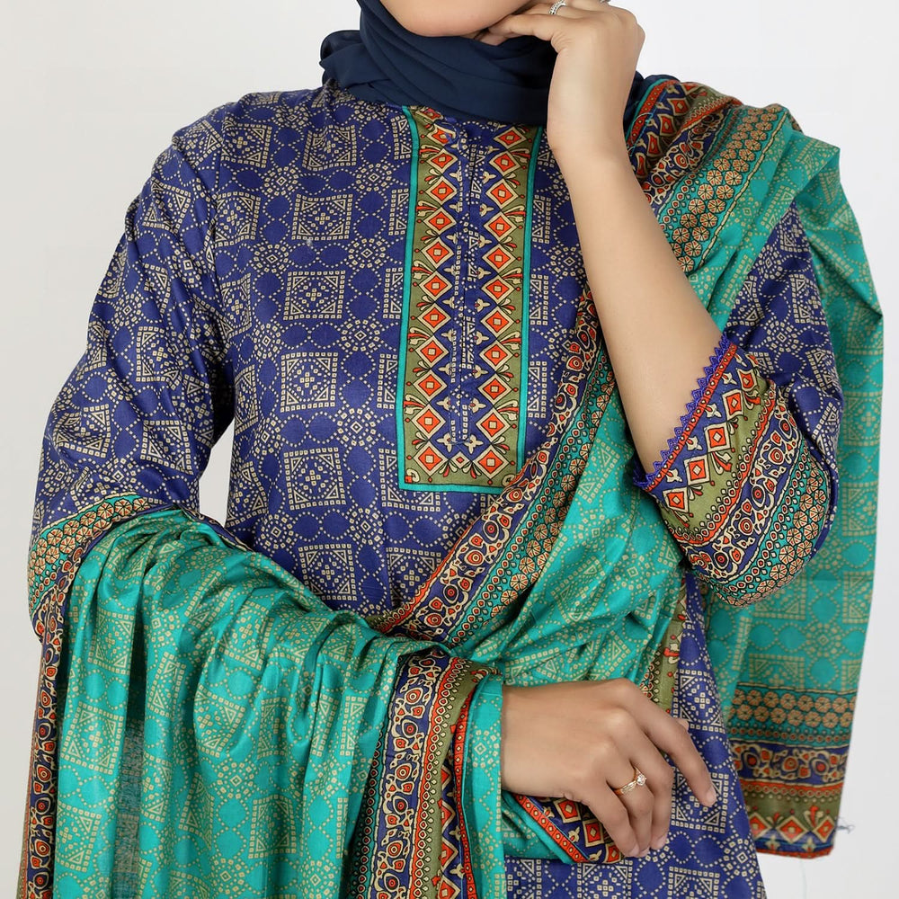Women's Printed Stitched 3 PCS Suit - Blue, Women Shalwar Suits, Chase Value, Chase Value