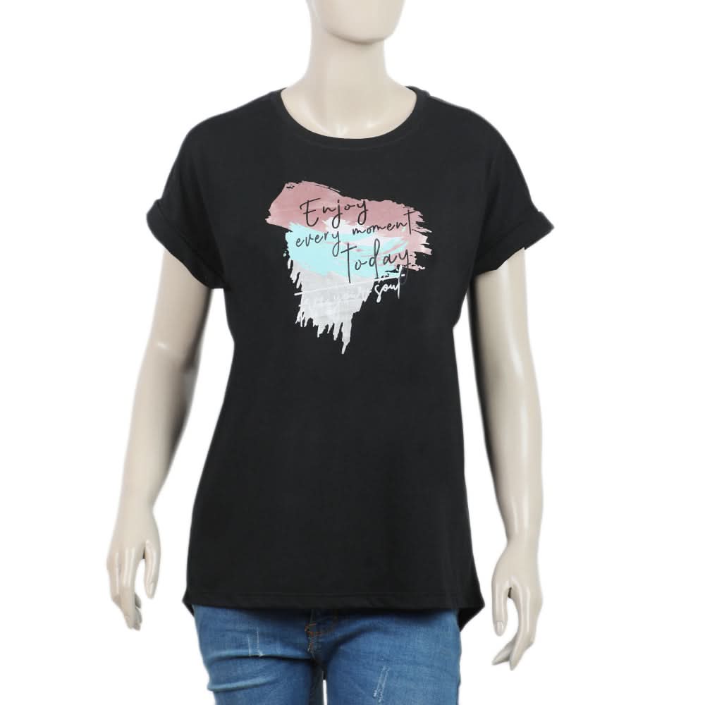 Women's Half Sleeves Printed T-Shirt - Black, Women T-Shirts & Tops, Chase Value, Chase Value