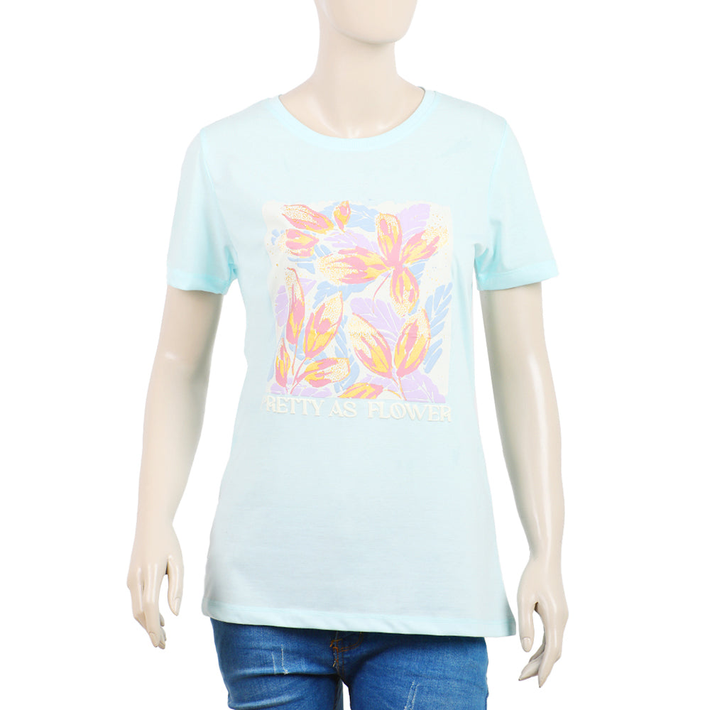 Women's Half Sleeves Printed T-Shirt - Sky Blue, Women T-Shirts & Tops, Chase Value, Chase Value