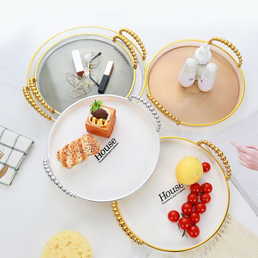 3 Piece Exquisite Round Multi-purpose Tray with Handles - Golden, Tray, Chase Value, Chase Value