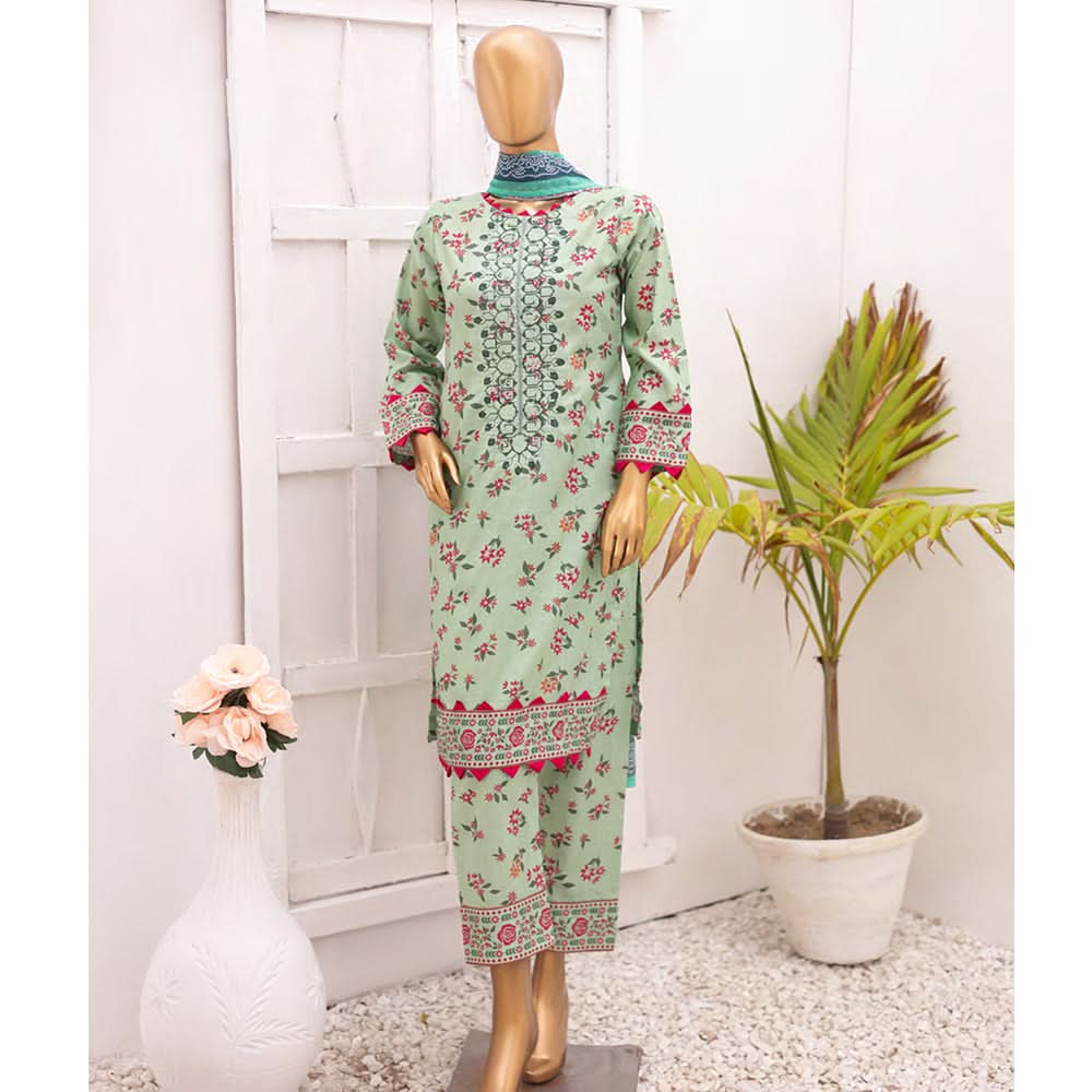 Hira Printed Lawn Embroidered 3Pcs Suit with Bember Dupatta - 6, Women, 3Pcs Shalwar Suit, Leeds Textile, Chase Value