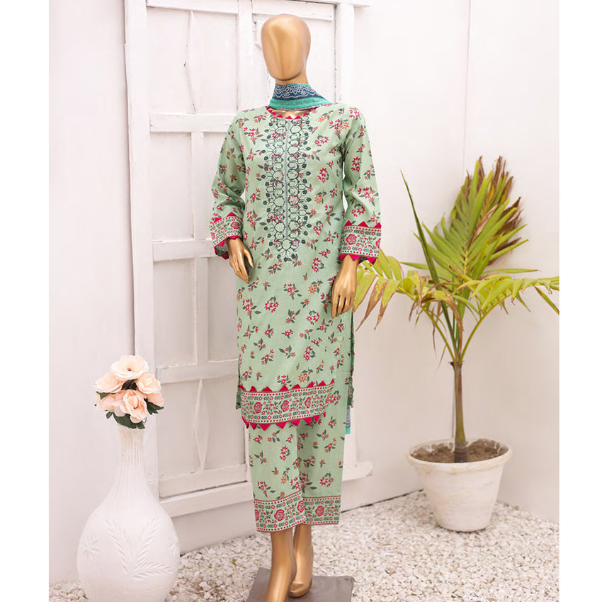 Hira Printed Lawn Embroidered 3Pcs Suit with Bember Dupatta - 6